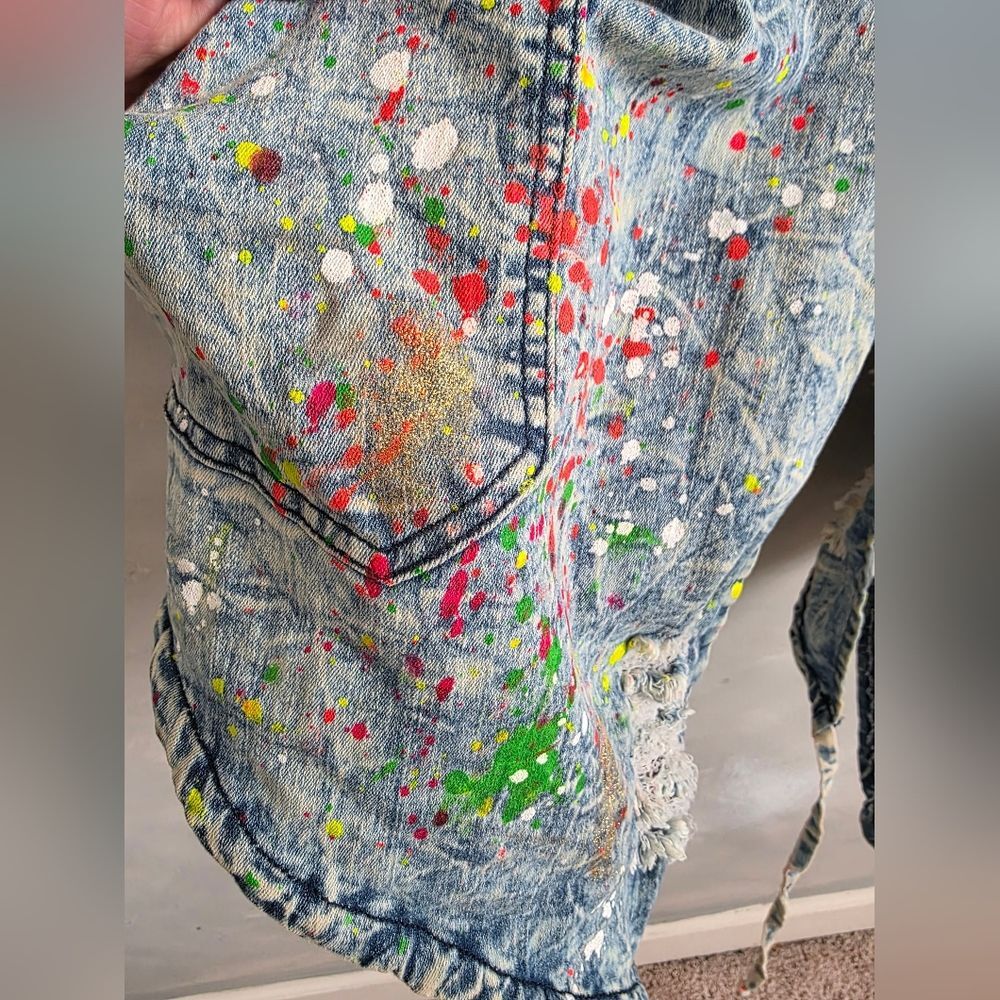 Aphrodite Acid Wash Denim Paint Splatter Open Frnt Long Jacket L Distress Hood - Picture 10 of 14